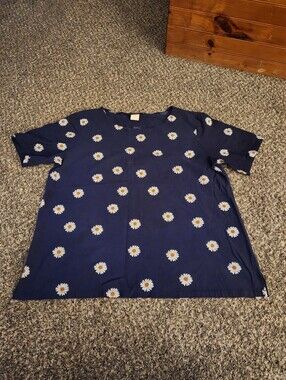 Vintage Camisa Cotton and Linen Daisy Short Sleeve Blouse Navy Blue XL